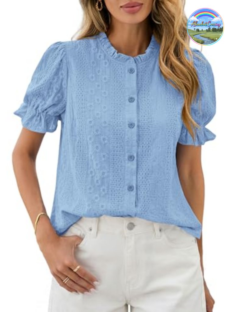 Embroidered Puff Short Sleeve Blouse - Cotton Button Down Boho Top